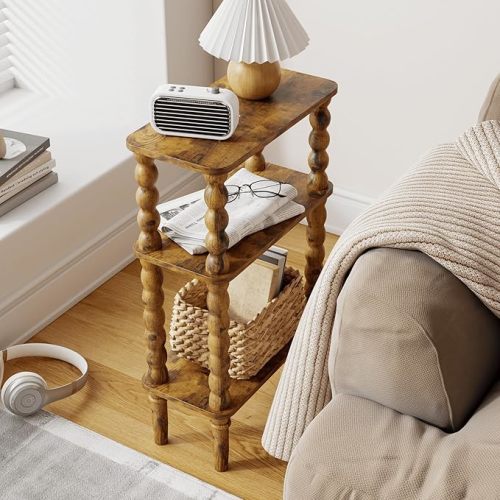 Side Table, Small End Table with Storage Shelf, 3-Tier Small Coffee Tables for Living Room Bedroom Narrow Spaces (Rustic Brown)