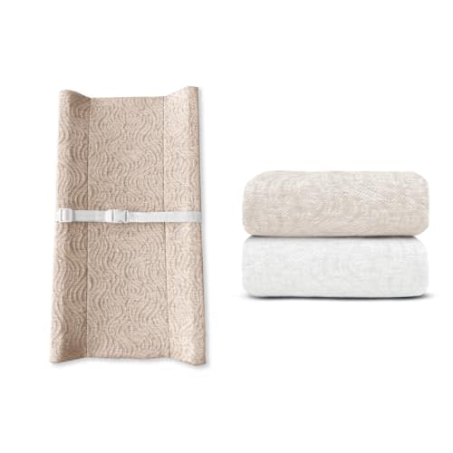 Contoured Changing Pad w/Cover (Oatmilk, Wave) + Replacement Covers - 2 pk (Off White & Oatmilk, Wave)