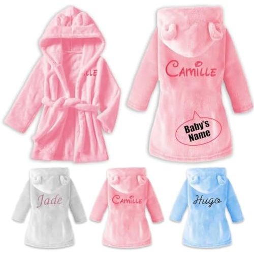 Customized Flannel Toddler Kids Robe, Personalized Hooded Robe For Baby Boys Girls With Embroidered Name