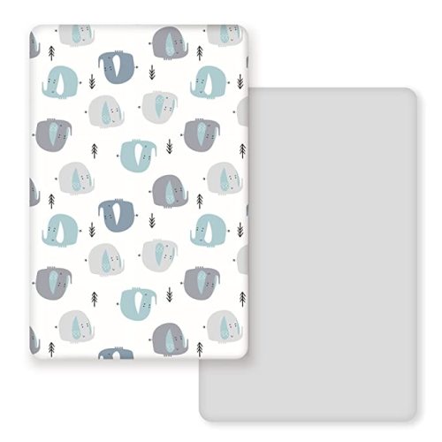 GRSSDER Stretchy Ultra Soft Jersey Knit Fitted Pack n Play Sheets Set 2 Pack, Portable/Mini Cribs Playards Sheets, Cute Elephant for Girls and Boys - Elephant Grey