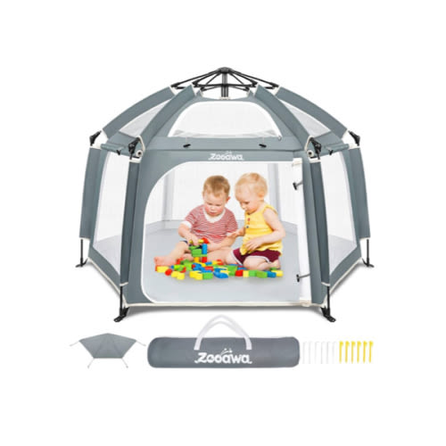 Zooawa Pop Up Playpen for Baby, Portable Playpen for Babies and Toddlers with Removable Sun-Shades& 2 Side UV Covers, Lightweight Outdoor Baby Playpen for Beach Home with Travel Bag,Light Gray
