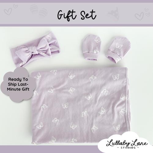 Lavender Butterfly Baby Swaddle Set: Blanket, Bow & Mittens