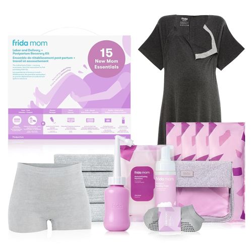 Frida Mom 15pc Labor, Delivery, & Postpartum Kit Gift Set for Baby Showers & Mom to Be, Includes Peri Bottle, Nursing Gown, Disposable Underwear, Ice Maxi Pads, Pad Liners, Perineal Foam, Socks & Toiletry Bag