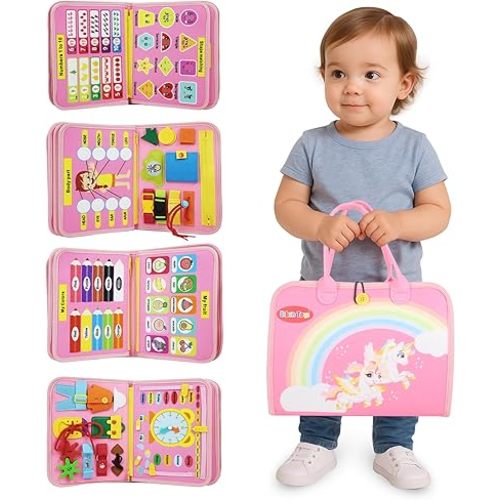 Montessori Busy Board - Ideal Busy Book Toddler Toys & Gifts for Boys & Girls, Toddler Travel Essential for Airplane & Car, Sensory Toys, Great for Baby Gifts for Girls