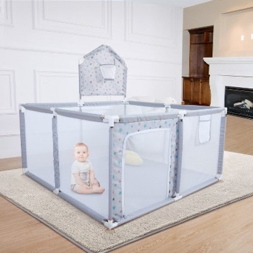 GOTGELIF 47"x47" Starry Print Baby Playpen Foldable Playard with Basketball Hoop