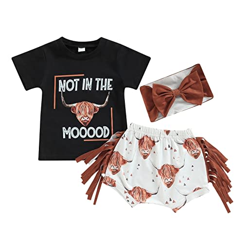 Fernvia Western Toddler Baby Girl Clothes Letter Short Sleeve T-Shirt Top + Tassel Shorts Outfits + Headband 3Pcs Set