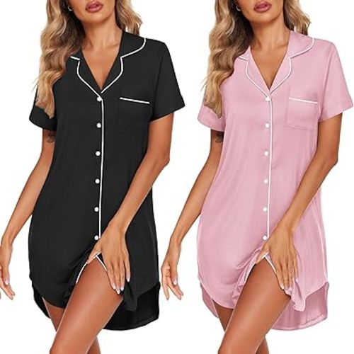 Ekouaer 2 Pack Nightgowns for Women Button Down Sleepshirts Short Sleeve Sleepwear V Neck Nightshirt Pajama Dress