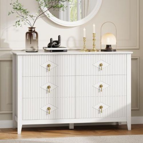 47.2" Fluted Dresser, 6-Drawer Wood Dresser for Bedroom, Modern Chest of Drawers, Storage Organizer Cabinet for Living Room, Hallway, Entryway