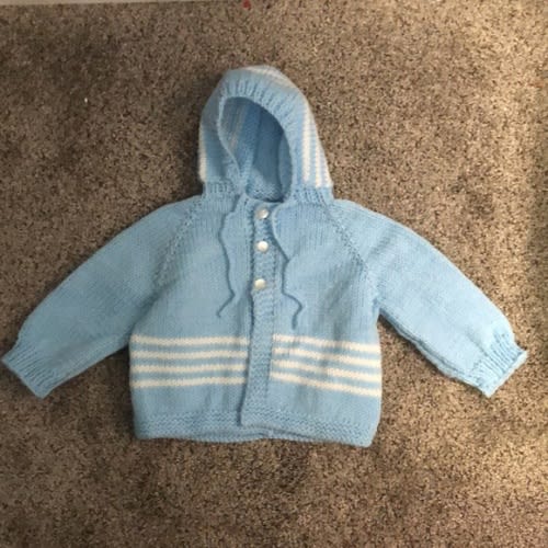 Handmade newborn knit sweater Blue white stripe Boys hooded hand knit Like NEW
