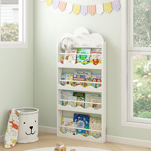 MallBest Wall Mounted Kids Bookshelf 4-Tier, Space Saving Nursery Organizer for Toys Books Decor, Sturdy Wood Design with Safety Edges, Easy Install White