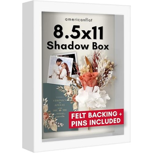 Americanflat 8.5x11 Shadow Box Frame in White with Soft Linen Back - Composite Wood with Shatter Resistant Glass for Wall and Tabletop