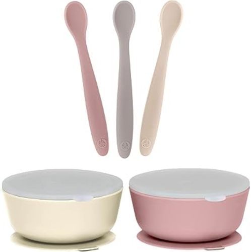 WeeSprout 3 Silicone Baby Spoons & 2 Bowls with Lids Bundle - Soft-Tip, Bendable Feeding Utensils - Durable, Travel-Friendly, Dishwasher Safe - Beige & Purple