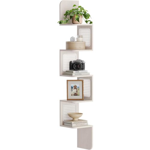 VASAGLE 5-Tier Corner Shelf, Wall Mounted Floating Shelf, Zigzag Corner Shelf Unit, PVC Rattan Sides, Space-Saving, for Kitchen, Living Room, Bedroom, Boho Style, Oatmeal Beige ULLS582K66