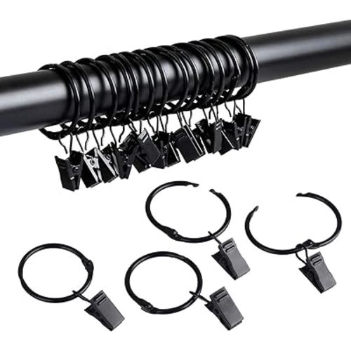SPLF 36 Pack Metal Openable Curtain Rings with Clips, 1.22 Inch Interior Diameter, Fits up to 1 Inch Rod, Heavy Duty Rustproof Vintage Decorative Drapery Eyelet Curtain Rods Hangers Rings, Black