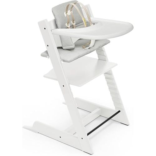Stokke Tripp Trapp High Chair and Cushion with Tray - White with Nordic Grey - Adjustable, Convertible, All-in-One High Chair for Babies & Toddlers
