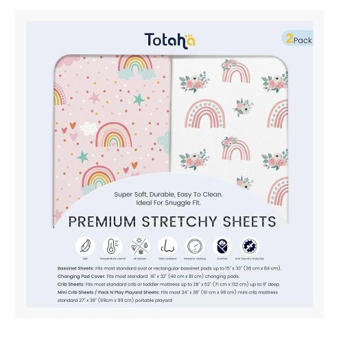 TotAha Premium Soft Pack n Play Sheets, Super Stretchy Jersey Knit Mini Crib Sheets Fitted, Silky Comfort Pack and Play Mattress Sheets, 2 Pack (Rainbow)