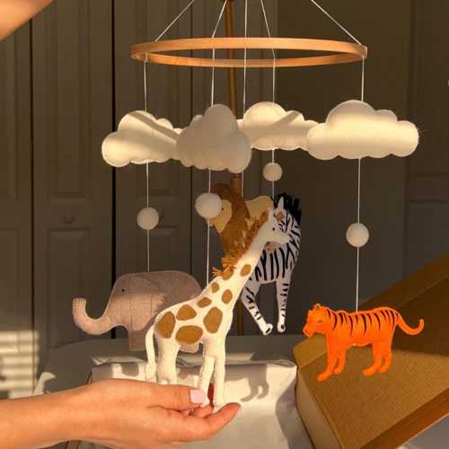 Safari themed Nursery Mobile with Neutral Animals Elephant Lion Zebra Tiger Giraffe Baby Mobile,Realistic Africa Animals Baby Mobile Crib