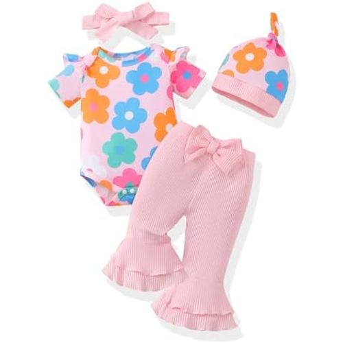 Renotemy Newborn Baby Girl Clothes Infant Romper Spring Summer Outfits Gifts Bell Bottoms Pant Sets for Girls Preemie-12Month