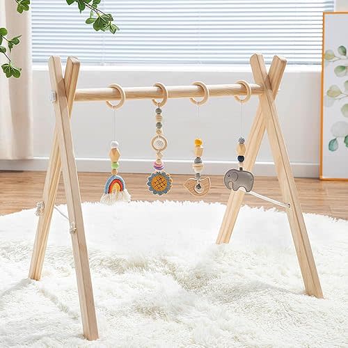 Toyking Wooden Baby Play Gym with Hanging Bar, 4 Gym Toys and Natural Pine Wood, Perfect for Infant Development