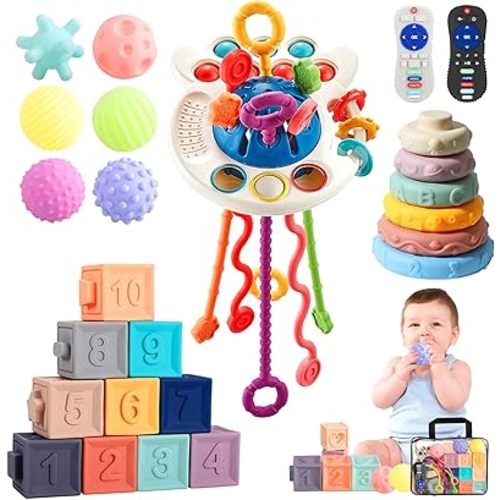 Baby Toys, 5 in 1 Montessori Toys for Babies 0-6 to12 Months| 10 Textured Silicone Teething Blocks Toys, Sensory Toys with Numbers & Animals, BPA-Free Toddler Toys Gift, Easy Clean & Travel Bag