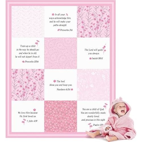 Oudain Christian Baby Blankets with Bible Verses Scripture Flowers Paisley Baby Receiving Baptism Blanket Christian Christening Gifts for Newborn Kids, 30 x 40 Inch(Pink)