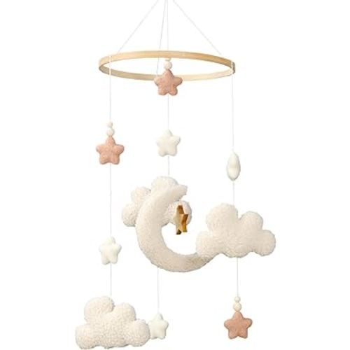 Crib Mobile for Boys Girls, Cute Stars Moon Cloud Boho Gender Neutral Hand-Crocheted Mobile for Baby Nursery Ceiling Mount Unisex