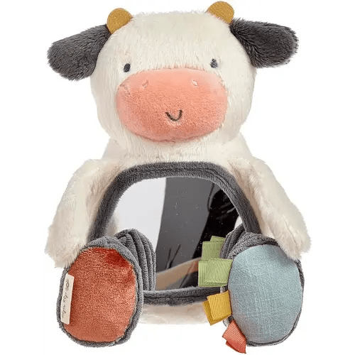 Itzy Ritzy Sensory Tummy Time Mirror - Features Crinkle & Jingle Sounds, Multiple Textures and Mirror for Self-Discovery, Cow