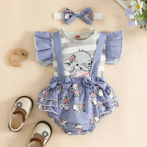 YYYTop Baby Clothes for Girls, Jumpsuit Baby Girl 1-18M Infant Toddler Baby Girl Ruffled Print Top with Straps Shorts and Headband Set Romper Baby Boy 12-18 Months Clearance