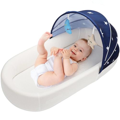 Portable Baby Lounger - Travel Bassinet for Newborn, Infant and Toddler, Suitable for Indoor & Outdoor Carrying, Mini Cribs Co Sleeper for Baby in Bed, Lightweight Foldable Washable, Blue