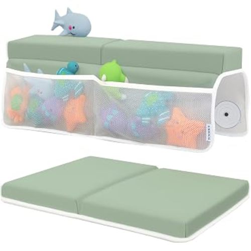 Comfortable Baby Bath Kneeler and Elbow Rest Pad Set – Thick Memory Foam Bath Kneeling Pad with Elbow Support – Baby Bathtub Cushion with Toy Organizer for Bathing Infant or Toddler - Green