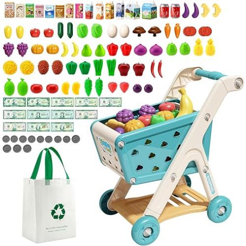 102pcs Kids Shopping Cart Trolley Play Set with Pretend Food and Accessories,Perfect for Ages 3+ Pretend Play and Role-Playing Games