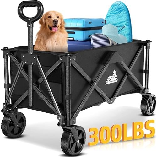 Collapsible Wagon Carts with Large Capacity, Utility Beach Wagons Heavy Duty Foldable,Side Pockets,300lb Load-Bearing Outdoor for Camping, Garden, Sports, Picnic, Shopping-Black U-Black