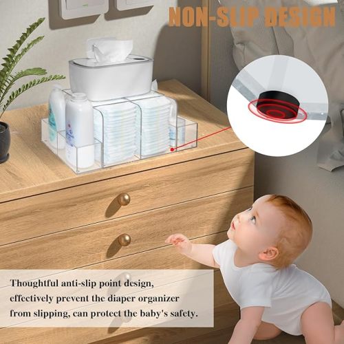 Diaper Caddy, Baby Changing Table Organizer, Detachable Clear Acrylic Diaper Storage for Wipe Dispenser, Wipe Warmer and other Diapering Essentials