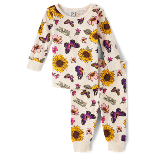 Baby And Toddler Girls Sunflower Snug Fit Cotton Pajamas - Tan