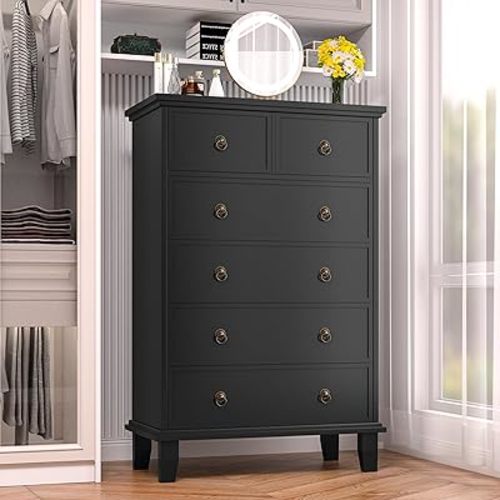 Tall Dresser for Bedroom Black 6 Drawers Dresser Tall Chest of Drawers, Modern Farmhouse Storage Cabinet for Living Room, Hallway, Entryway, Home Office