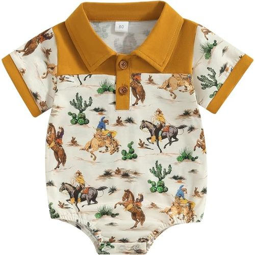 Muasaaluxi Western Baby Boy Clothes Cow Print Short Sleeve Romper Button Down Lapel Polo Shirt Shirts Summer Outfit 0-18M - Apricot