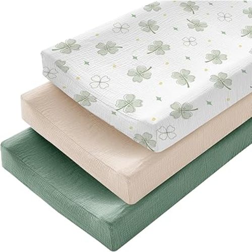 3 Pack Muslin Changing Pad Cover for Baby Boys Girls - Ultra Soft Changing Table Cover Diaper Changing Pad Sheets, 100% Cotton(Clover, Beige, Green)