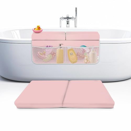 Memory Foam Bath Kneeler and Elbow Rest Pad Set, 2-Inch Thick, Water-Resistant Mat – Baby Bath Time Essentials Cushion and Bath Kneeling Pad for Bathing Baby with Bathtub Toy Organizer (Pink)