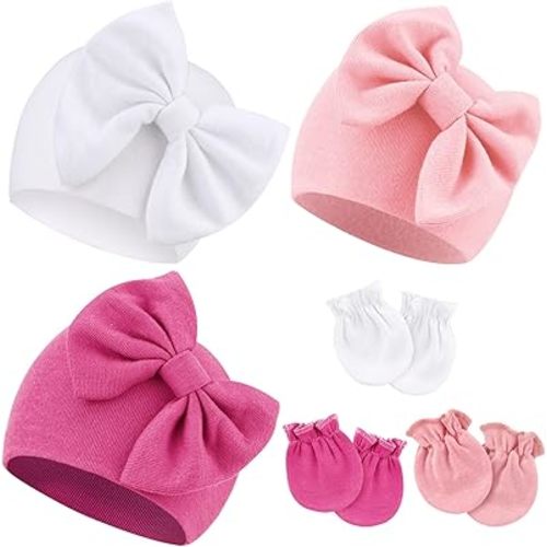 Newborn Baby Hats and Mittens Set Infant Bow Beanie Cap Toddler Gloves Newborn Hospital Hats for Baby Boy Girl Kid 0-6 Months