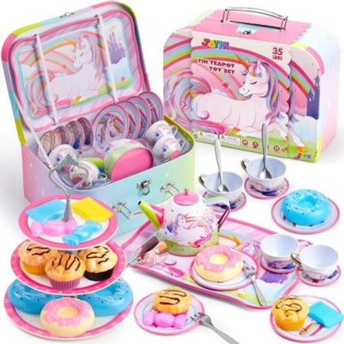 35Pcs Unicorn Tea Party Set for Little Girls, Pretend Tin Teapot Set, Princess Tea Time Play Kitchen Toy for Birthday Gifts Kids Toddlers Age 3 4 5 6