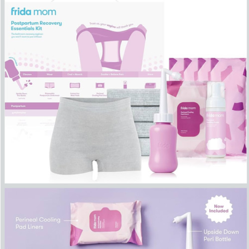 Frida Mom 11pc Postpartum Essentials Kit Gift Set, Hospital Bag Must Haves for New Mom, Includes 4 Disposable Postpartum Underwear, 4 Ice Maxi Pads, Perineal Healing Foam & 24 Pad Liners & Peri Bottle