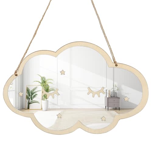 Dvehdbay Acrylic Nursery Mirror - Wooden Kids Mirror, Cute Mirror, Acrylic Mirror Wall Stickers, Non-Glass Unbreakable Mirror, Hanging Mirror Wall Art, Nursery Decor (Cloud)