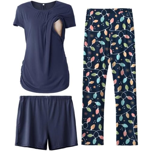 SUNNYBUY Womens Maternity Nursing Pajamas Set, Short Sleeve Breastfeeding Shirts，Pregnancy Shorts & Pants 3 Piece Nursing PJS