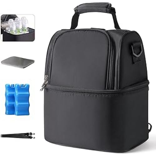 NCVI Breastmilk Cooler Bag with 2 Ice Pack, Breast Pump Bag with Cooler Fits 6 Bottles, Double Layer Breast Milk Travel Bag Baby Bottle, for Travel, Nursing Mom Daycare, Work, Picnic (Black)