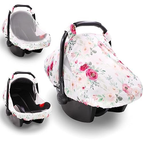 Summer Baby Car Seat Cover, Baby Carseat Cover Girls, Privacy Carseat Canopy Protect Newborn, Breathable Comfortable, Watercolor Pink Flower