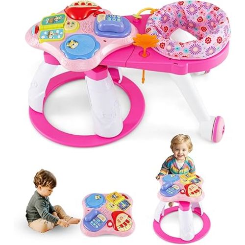 INFANS 3 in 1 Walk Around Baby Activity Center, Baby Walker with Play Table, Wheels, Detachable Seat Cushion, 3 Adjustable Heights, Learning Toys for Boys Girls Aged 6-36 Months (Pink)