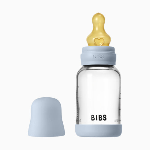 BIBS Baby Glass Bottle with Natural Rubber Nipple - Baby Blue, 4oz