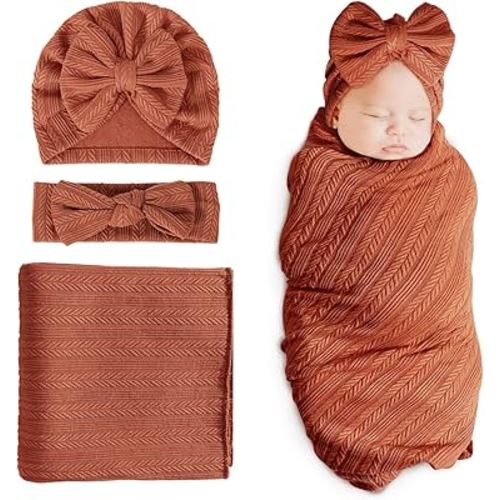 DRESHOW BQUBO Newborn Receiving Blanket Toddler Warm for Girls with Matching Bow Hat and Bow Headband Shower Gift