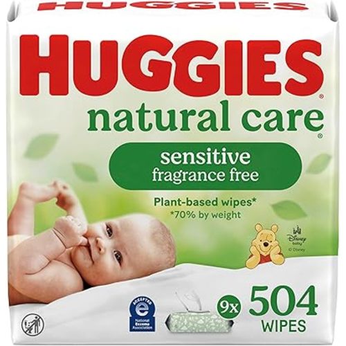 Huggies Natural Care Sensitive Baby Wipes, Unscented, Hypoallergenic, 99% Purified Water, 9 Flip-Top Packs (3 packs of 3), 504 Total Wipes (56 Wipes per pack), Packaging May Vary