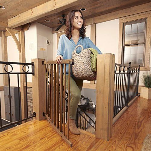 Evenflo Walk-Thru Top of Stairs Wood Baby Gate, Hardware Mount, One-Hand Latch, for Use with Infants, Toddlers & Pets, 30" - 48", Farmhouse Brown